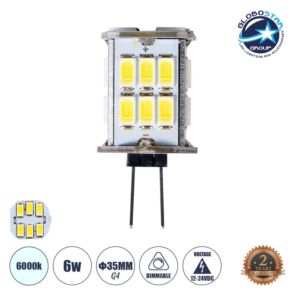 GLOBOSTAR® G4BACK 76135 Λάμπα G4 LED 6W 720lm 320° DC 12-24V IP20 Ψυχρό Λευκό 6000K Dimmable - Sanan SMD Chip - Back Pin - Μ1.9 x Π1.9 x Υ3.7cm - 2 Χρόνια Εγγύηση